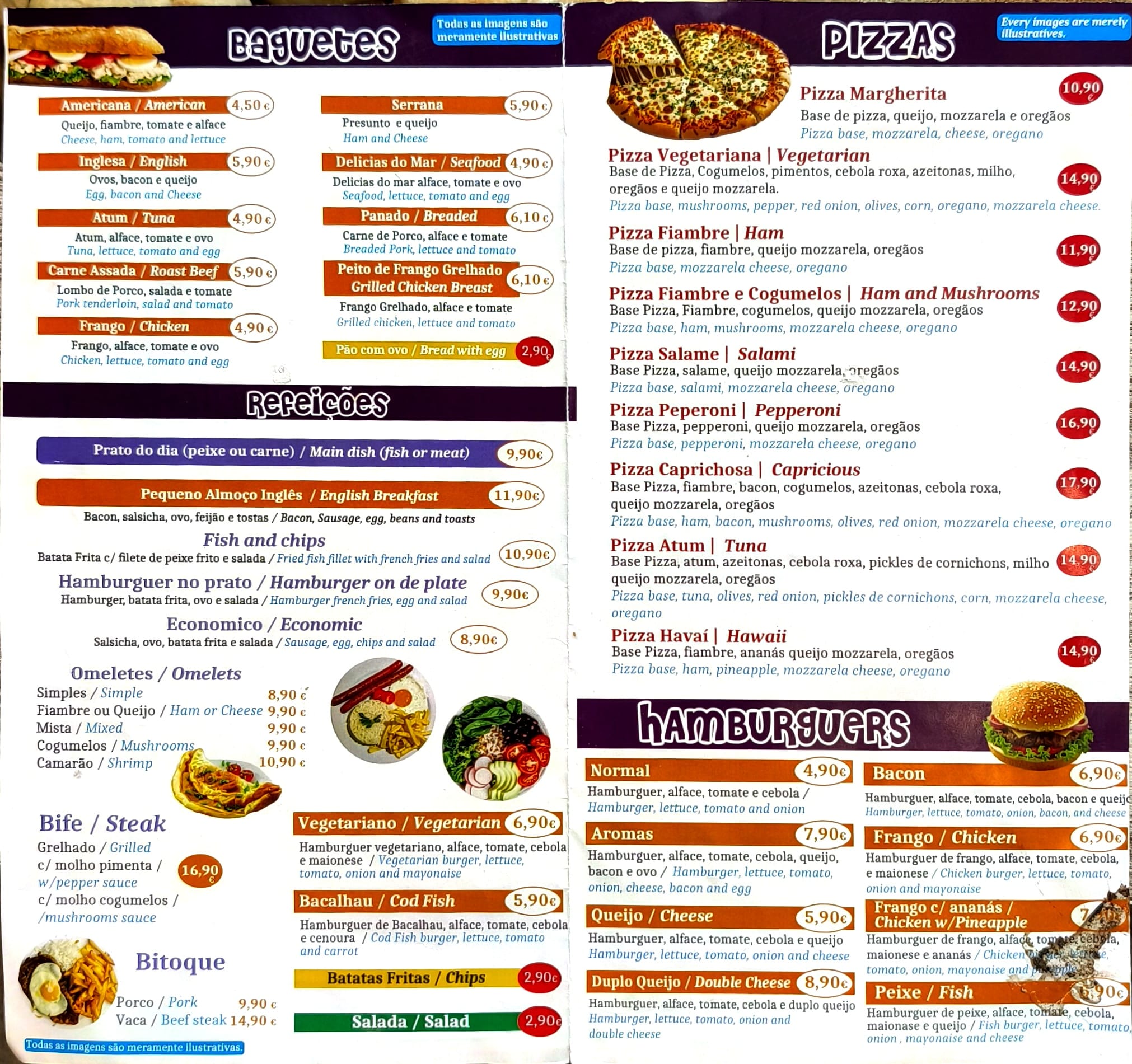 Foto do cardápio original com baguetes, refeições, pizzas e hambúrgueres