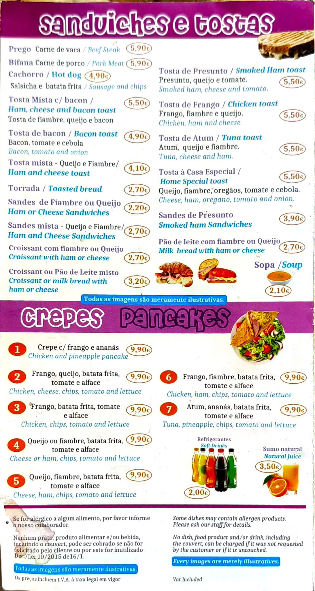 Foto do cardápio original com sanduíches, tostas, crepes e bebidas